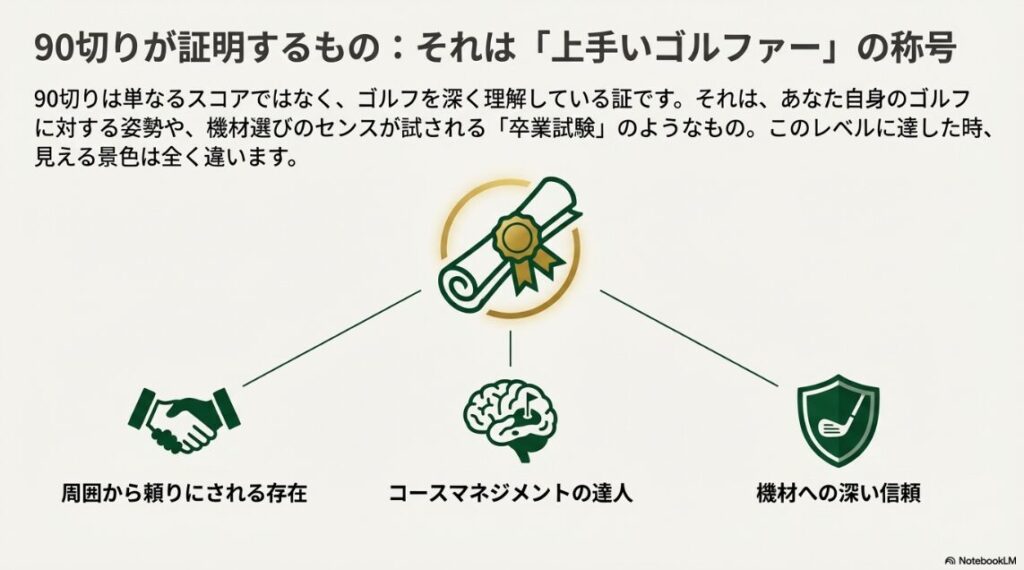 ゴルフの90切りを達成した人が周囲から受ける評価と信頼を示す図