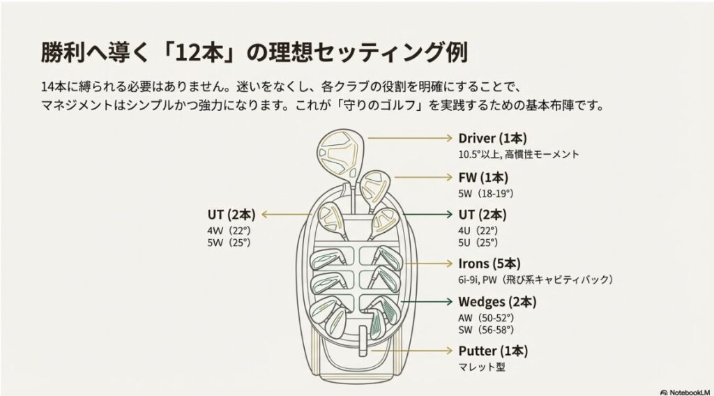 初心者や中級者が90切りを達成するために推奨される12本のクラブセッティング構成例