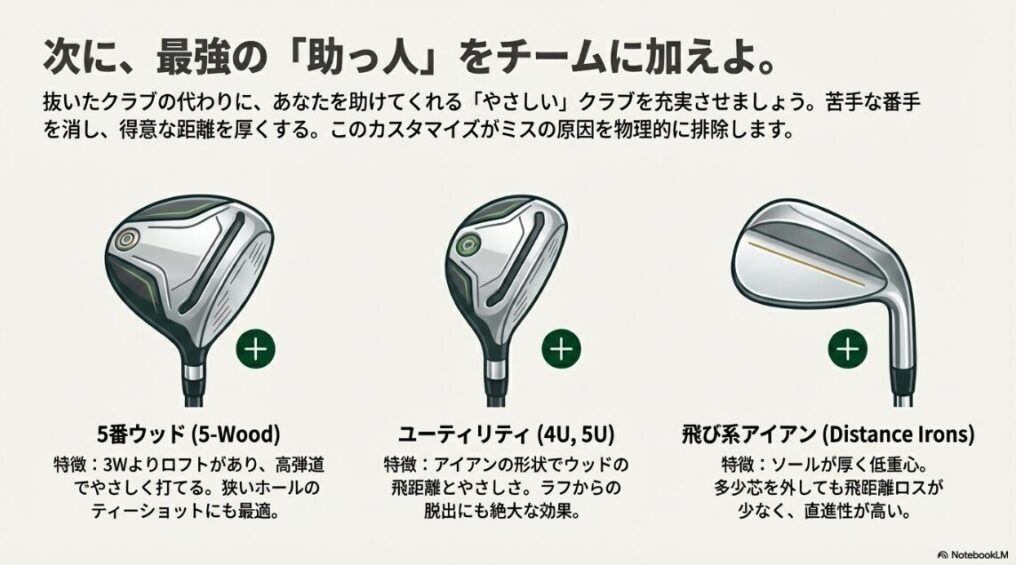 ゴルフのスコアをまとめるために有効な5番ウッド、ユーティリティ、飛び系アイアンの紹介