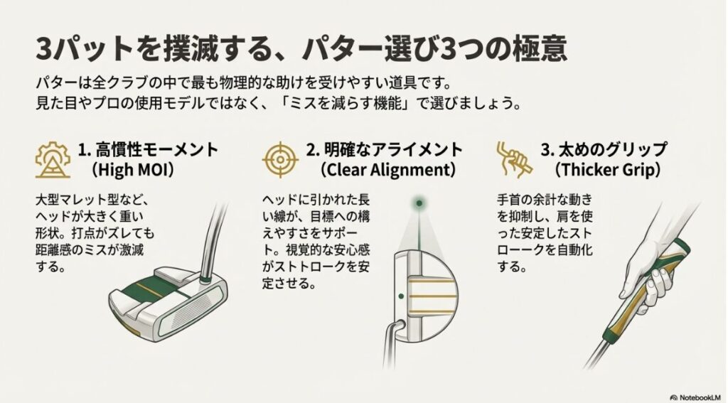 高慣性モーメント、明確なアライメント、太いグリップの3要素を備えたパターのイメージ
