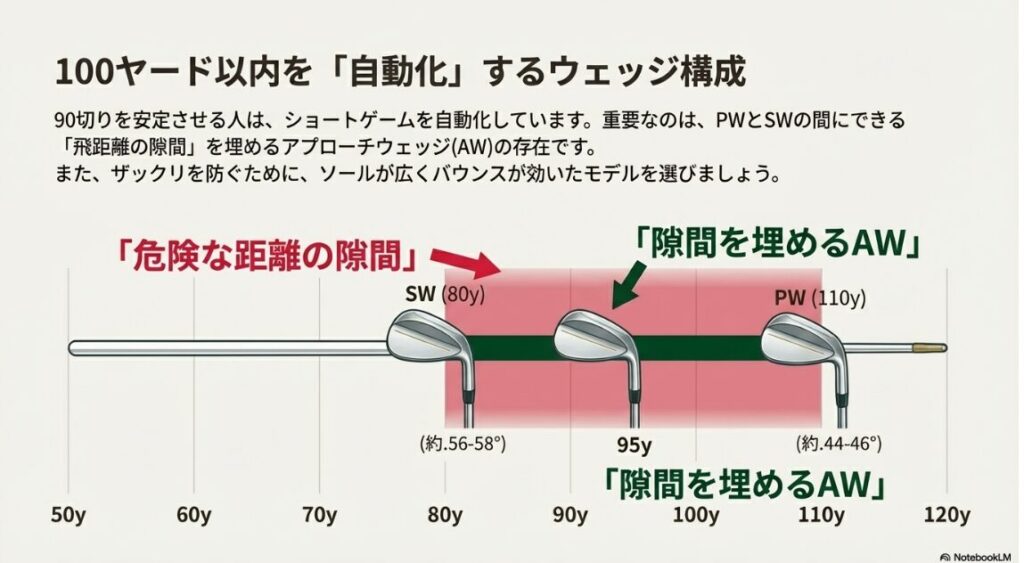 PWとSWの間にアプローチウェッジ(AW)を入れて飛距離の隙間を埋める重要性