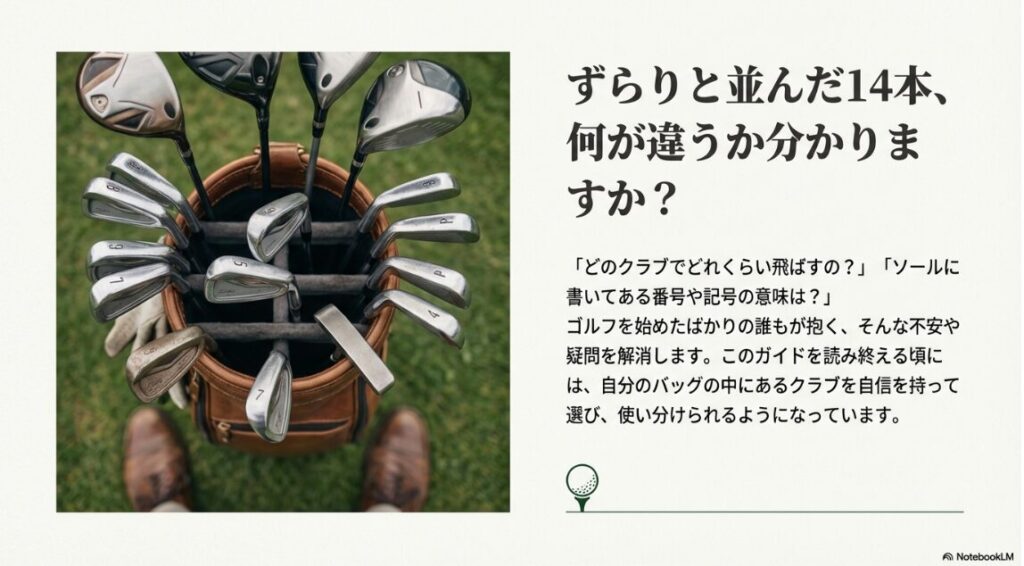 ゴルフバッグの中にある多種多様なクラブを前に、見分け方や飛距離に悩む初心者のイメージ