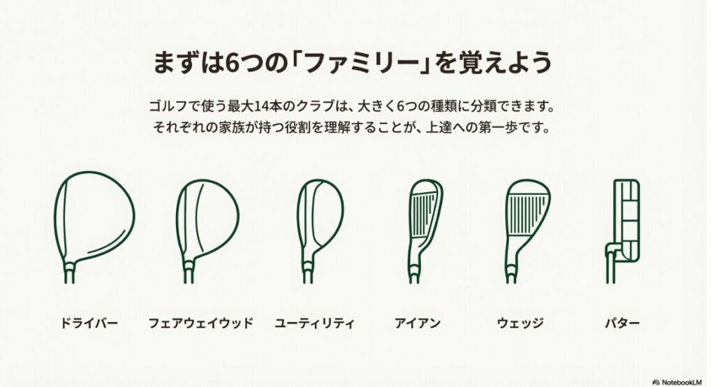 ゴルフで使用する最大14本のクラブを、役割ごとに大きく6つの種類に分類した図解