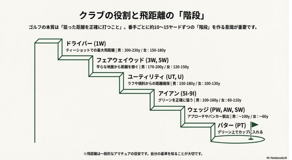 各番手ごとに約10ヤードから15ヤードの飛距離差（階段）を作る重要性を示したインフォグラフィック