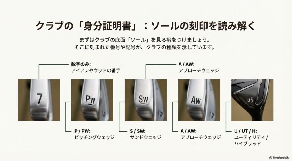 ゴルフクラブの底面（ソール）に刻印された数字やアルファベット記号の意味を解説した写真