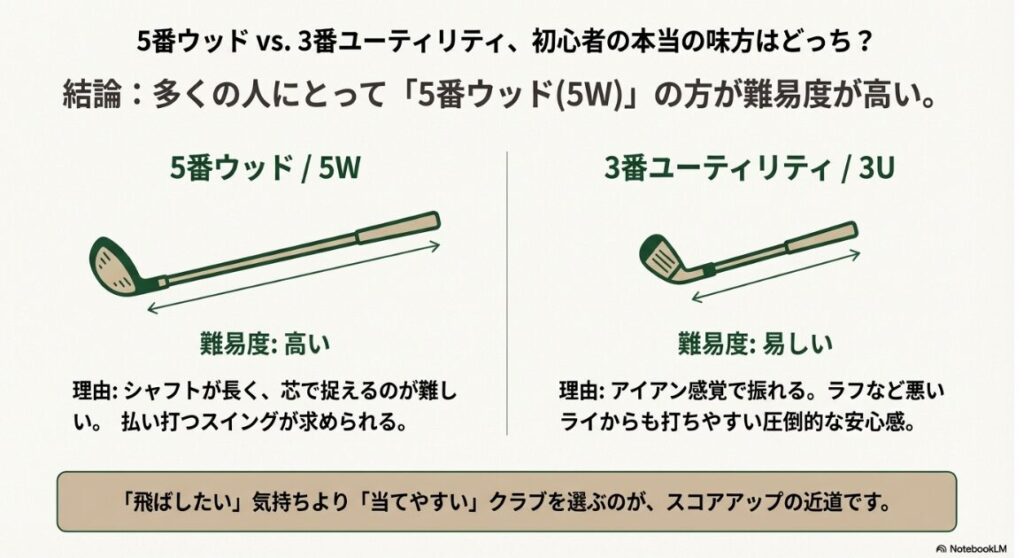 長くて扱いが難しい5番ウッドに対し、アイアン感覚で振れる3番ユーティリティのメリットを示した図
