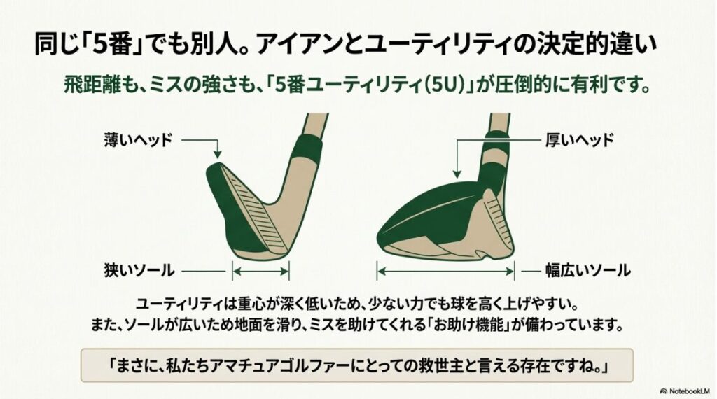 ユーティリティはソールが広く重心が深いため、5番アイアンよりもミスに強くボールが上がりやすい理由の解説
