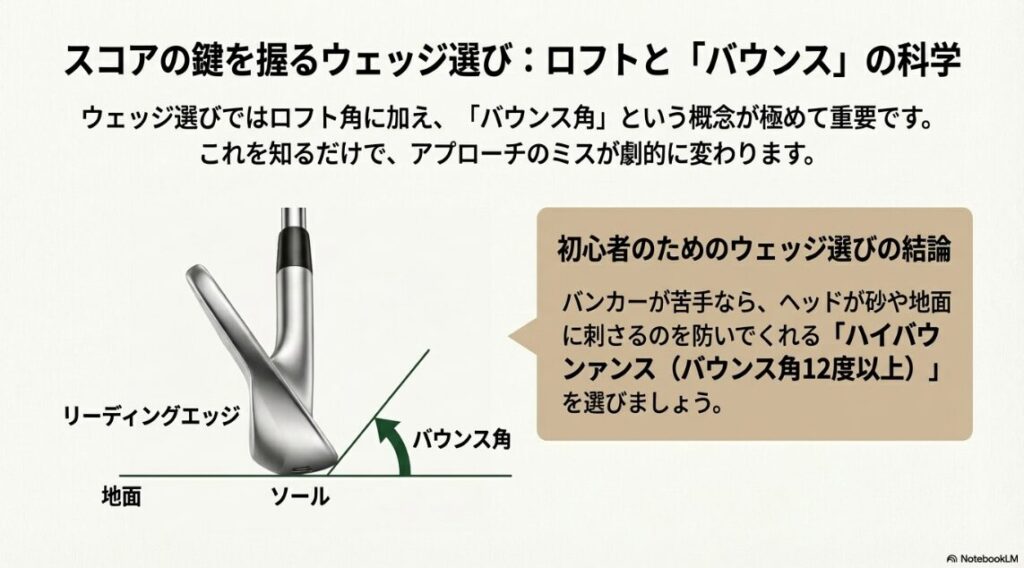 アプローチのミスを減らすために重要な、ソールが砂や芝を滑る仕組み（バウンス角）の図解