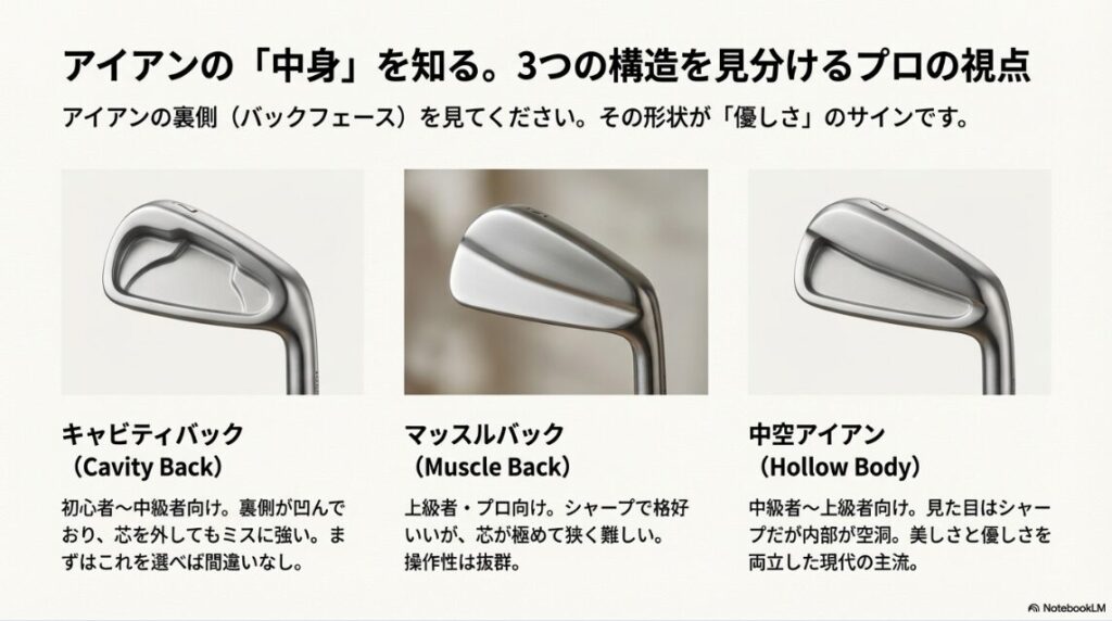 キャビティバック、マッスルバック、中空アイアンの見た目とそれぞれの「優しさ」の違いを解説した比較写真
