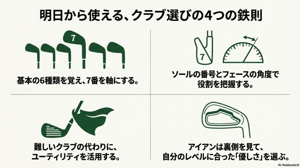 7番を軸にする、角度で役割を知る、UTを活用する、裏側で優しさを見るという4つの判断基準のまとめ