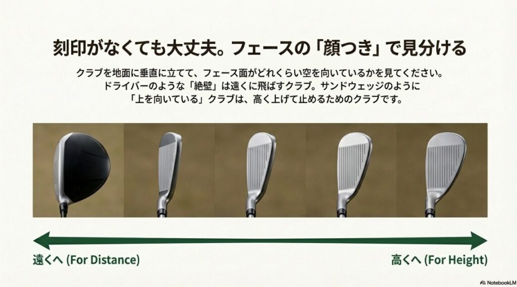 クラブの刻印が見えなくても、フェース面がどれくらい空を向いているかという「顔つき」で役割を判別する方法