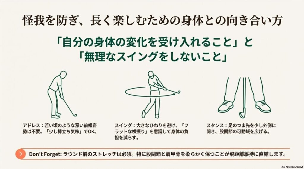 棒立ち気味のアドレス、フラットな横振り、つま先を開くスタンスの図解