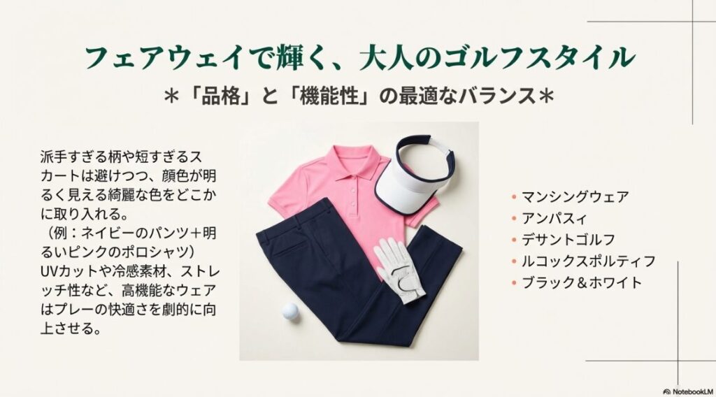 ピンクのポロシャツとネイビーのパンツに、サンバイザーを合わせた上品なウェア例