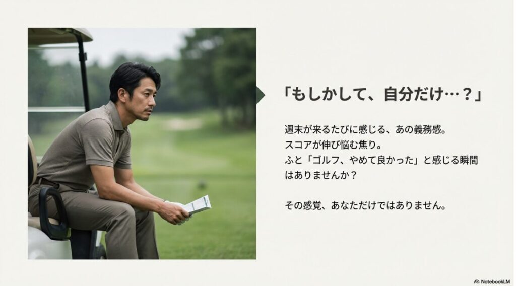 ゴルフカートに座り、浮かない表情でスコアカードを見つめる男性と、週末の義務感についての問いかけ