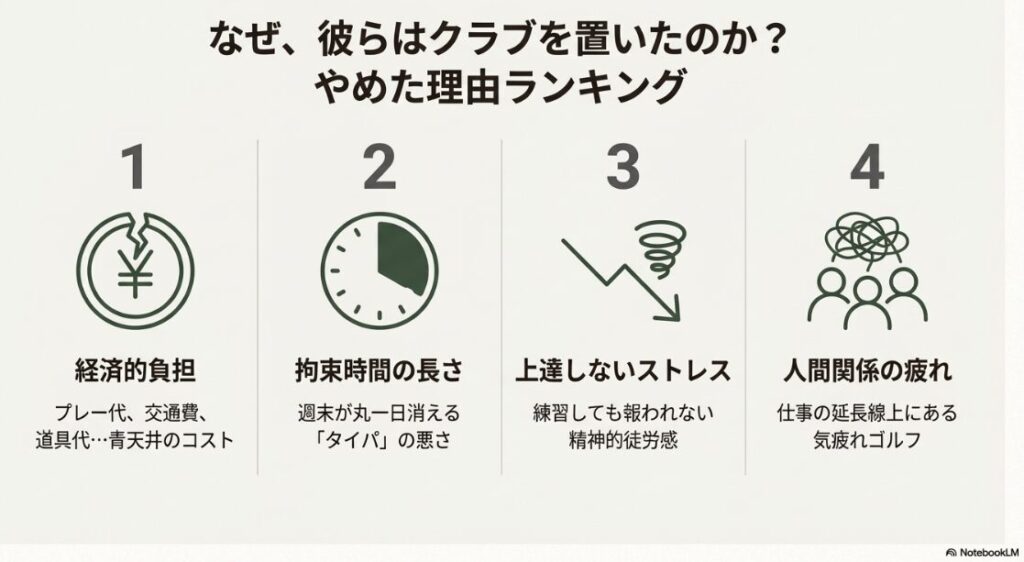 ゴルフをやめた理由ランキング。経済的負担、拘束時間の長さ、上達しないストレス、人間関係の疲れの4項目