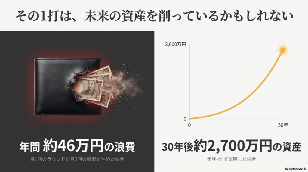 年間46万円のゴルフ代を年利4%で運用した場合、30年後に約2,700万円の資産になることを示すグラフ