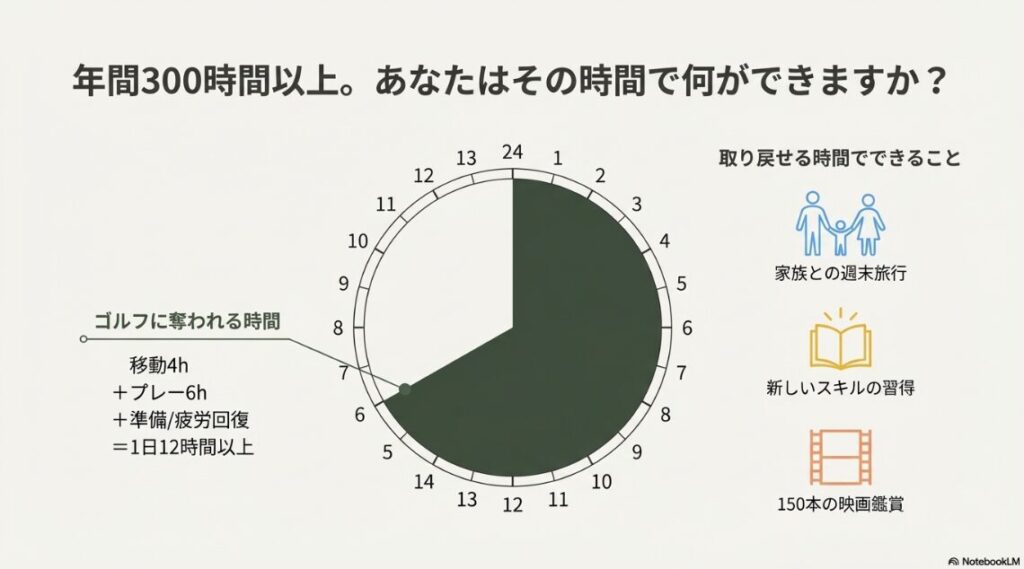 1回のゴルフで12時間以上が消費される内訳と、その時間でできる代替活動（旅行、学習、映画）の比較