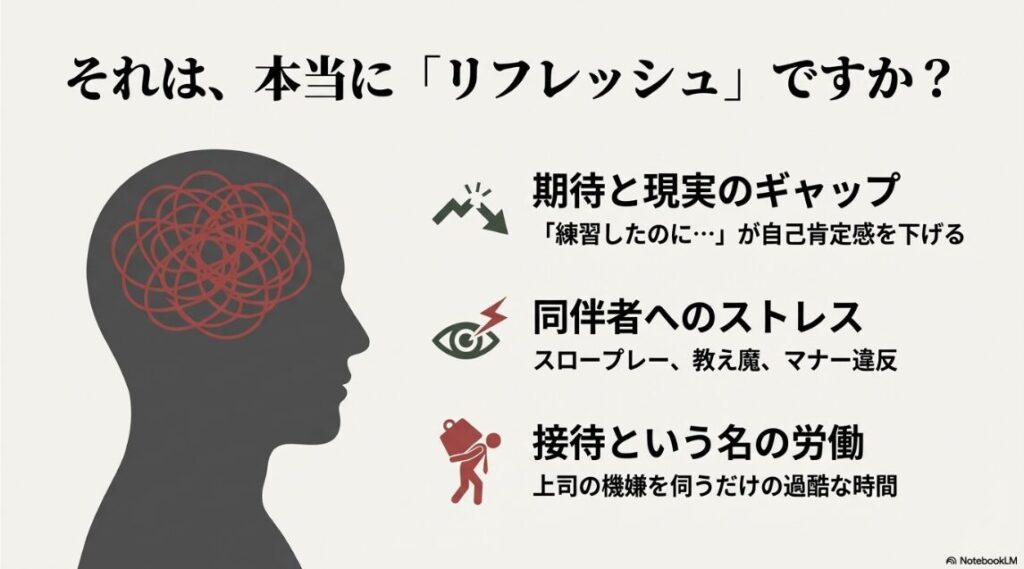 期待と現実のギャップ、同伴者へのストレス、接待という名の労働について説明したスライド