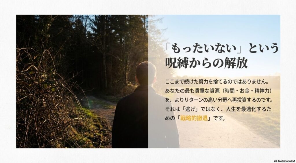時間・お金・精神力をよりリターンの高い分野へ再投資することの重要性を説く図解
