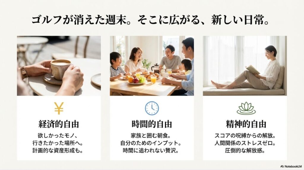 家族と囲む朝食や読書の写真とともに、ゴルフをやめた後に広がる3つの自由を説明するスライド