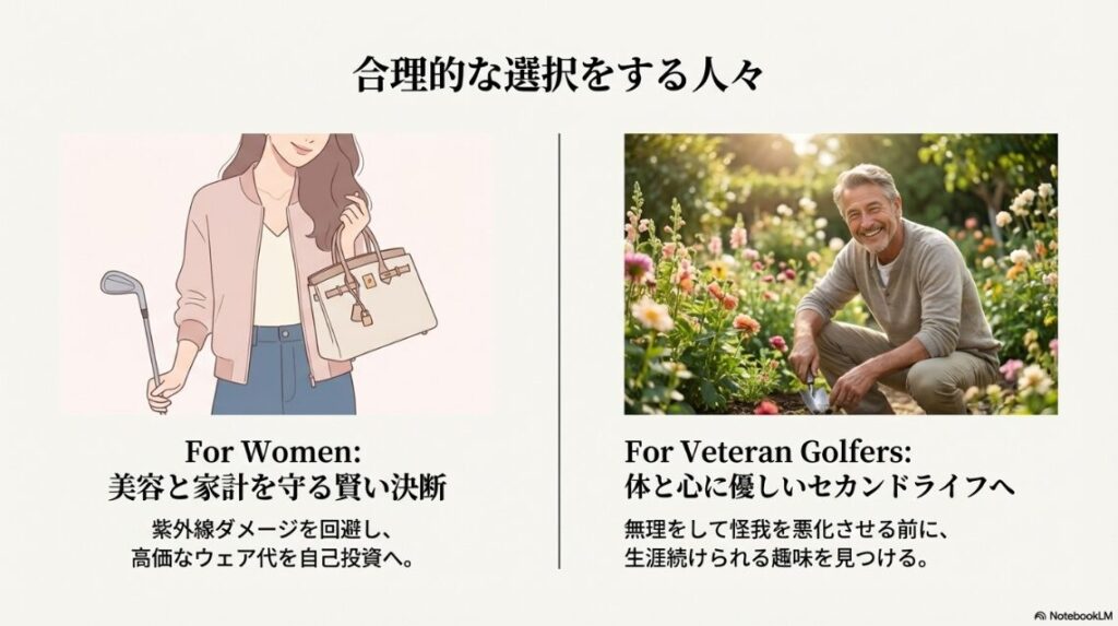 美容と家計を守る女性の決断と、体調に配慮するベテランゴルファーのセカンドライフへの移行