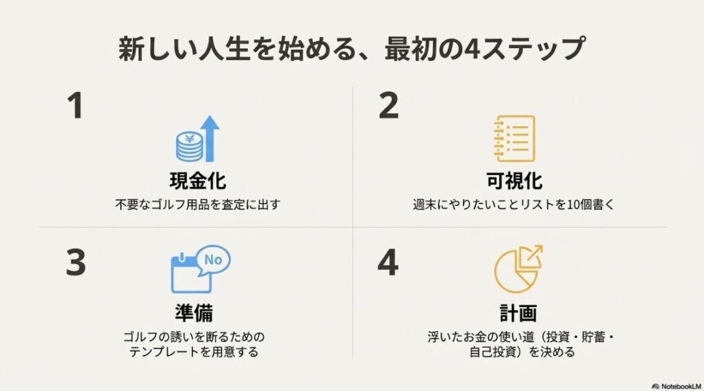 不要品の現金化、やりたいことの可視化、断り方の準備、お金の計画の4つの手順