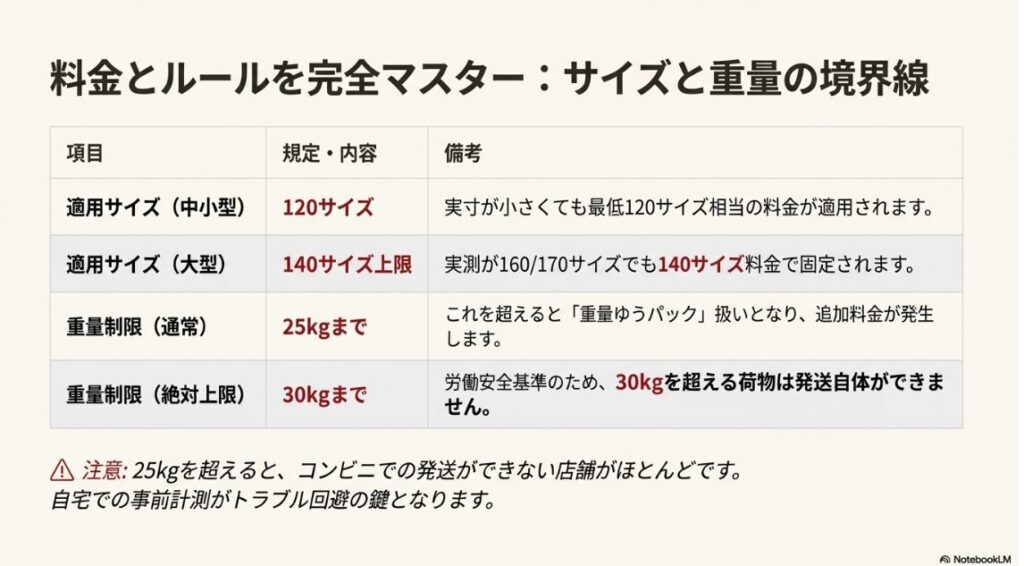 120・140サイズ規定と、25kg・30kgの重量制限をまとめた詳細表