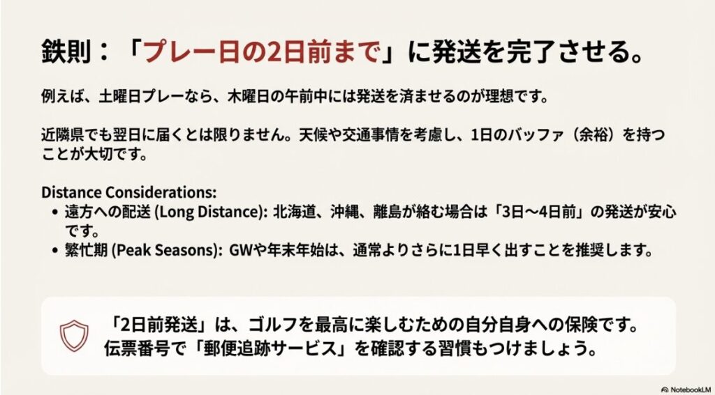 プレー日の2日前発送を鉄則とし、遠方や繁忙期の例外をまとめたタイムライン解説 