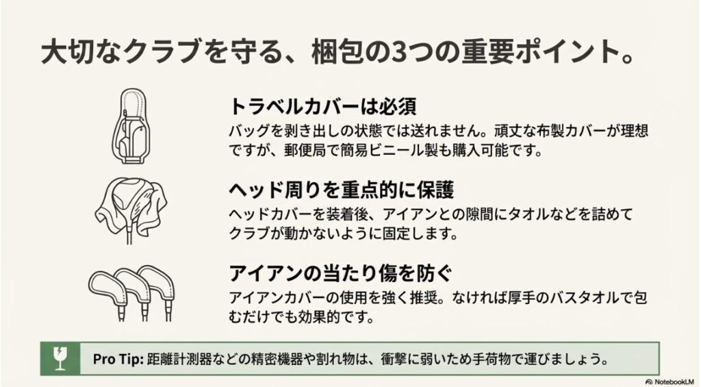 ゴルフゆうパック往復ラベルの記入例。プレー日、種類（ゴルフ）、航空便以外の斜線消去を指示