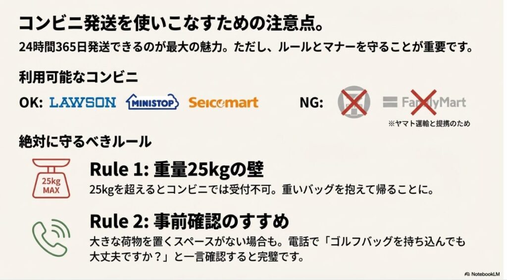 利用可能なコンビニ（ローソン等）と、25kg制限、事前確認の重要性をまとめた図