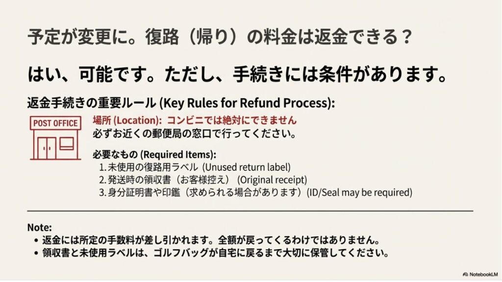  郵便局窓口での返金手続きに必要なものリスト（未使用ラベル、領収書、身分証