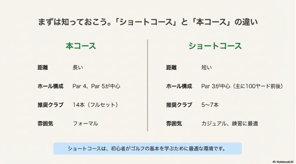 ゴルフの本コースとショートコースの距離、パー構成、推奨クラブ本数、雰囲気の違いをまとめた比較図