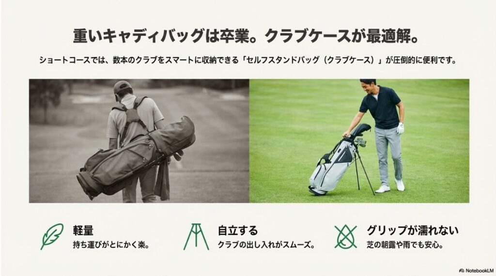 ショートコースで便利な軽量で自立するセルフスタンドバッグ（クラブケース）のメリット紹介