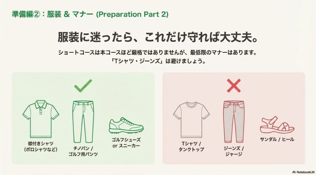 ゴルフ場での適切な服装（ポロシャツ・チノパン）と避けるべき服装（Tシャツ・ジーンズ・サンダル）の比較イラスト
