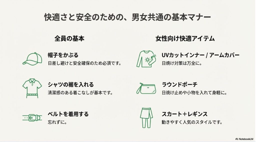 帽子の着用や裾入れなどの共通マナーと、女性に便利なUV対策アイテムやラウンドポーチの紹介