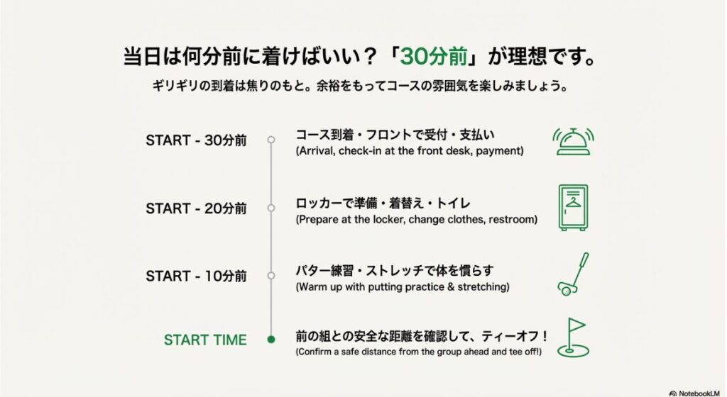 スタート30分前の到着から受付、着替え、パター練習を経てティーオフするまでの理想的なタイムスケジュール