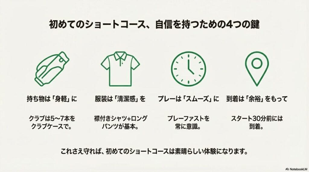 持ち物、服装、プレー進行、到着時間の4つのポイントをまとめた記事の要約スライド