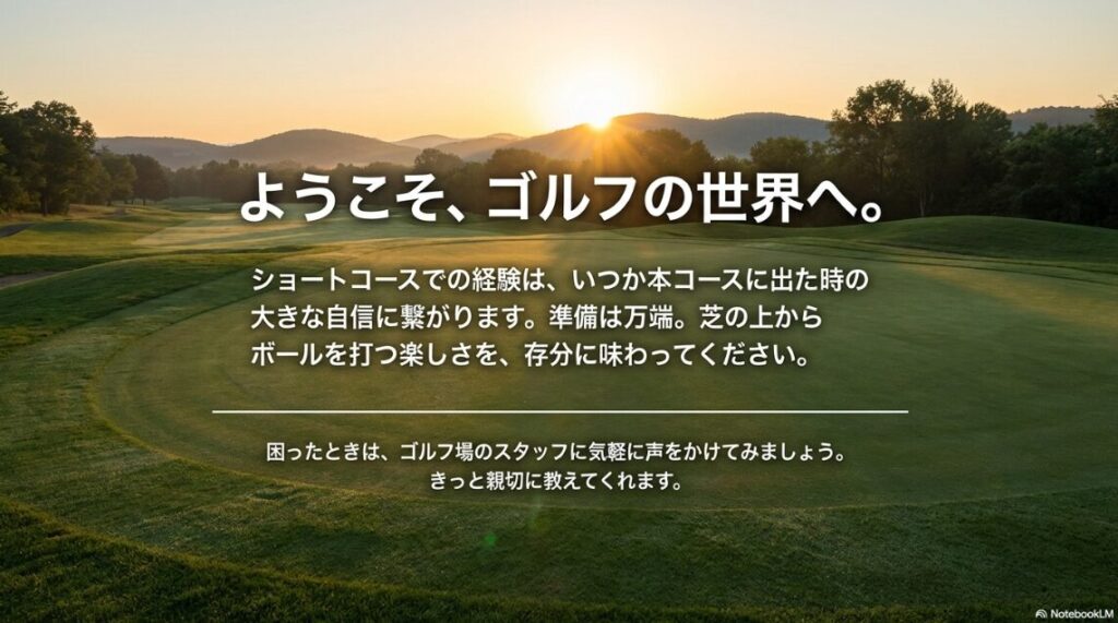 ゴルフの世界へ踏み出す初心者への歓迎と、芝の上から打つ楽しさを伝えるクロージング画像