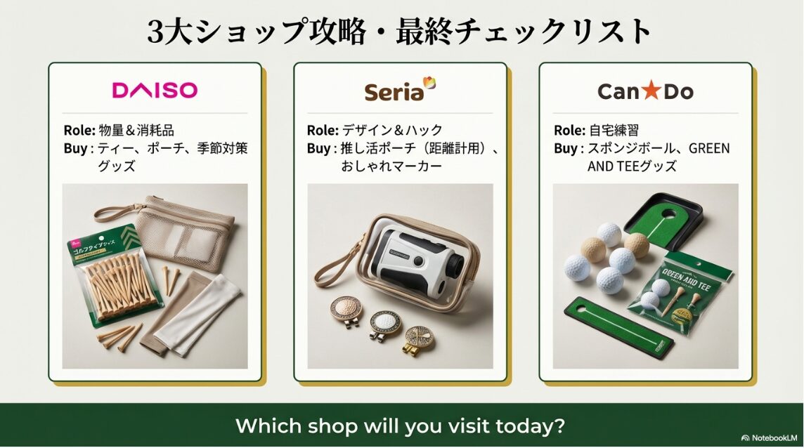 ダイソー、セリア、キャンドゥそれぞれの店舗でのゴルフ用品買い出しリスト