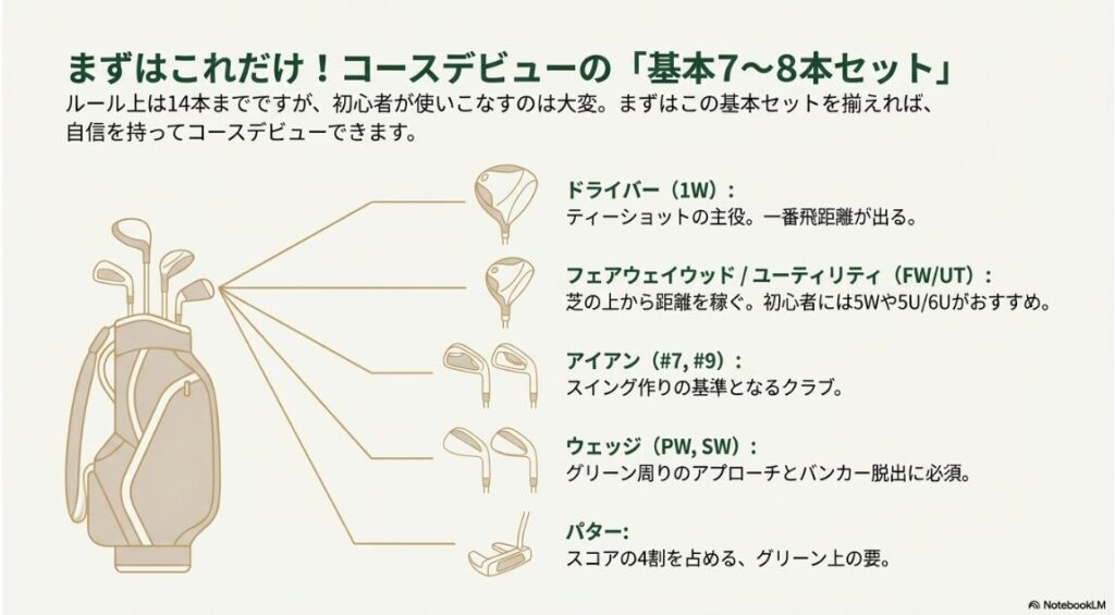 初心者が揃えるべき基本の7,8本のゴルフクラブ構成図