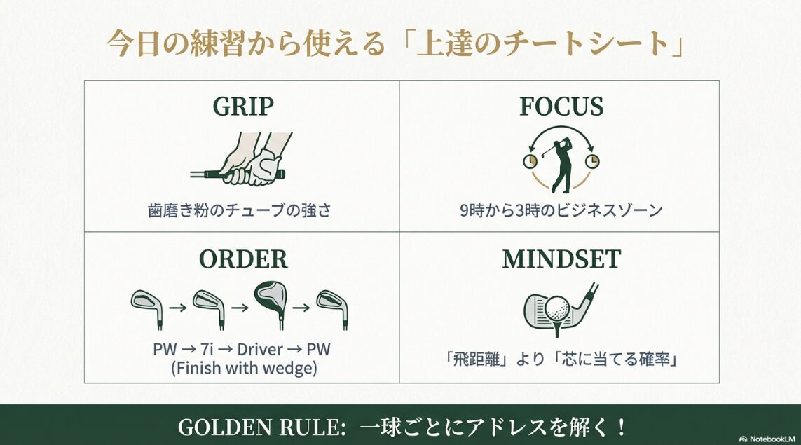 初心者ゴルフ練習の黄金律まとめ（グリップの圧力・練習順序・マインドセット）