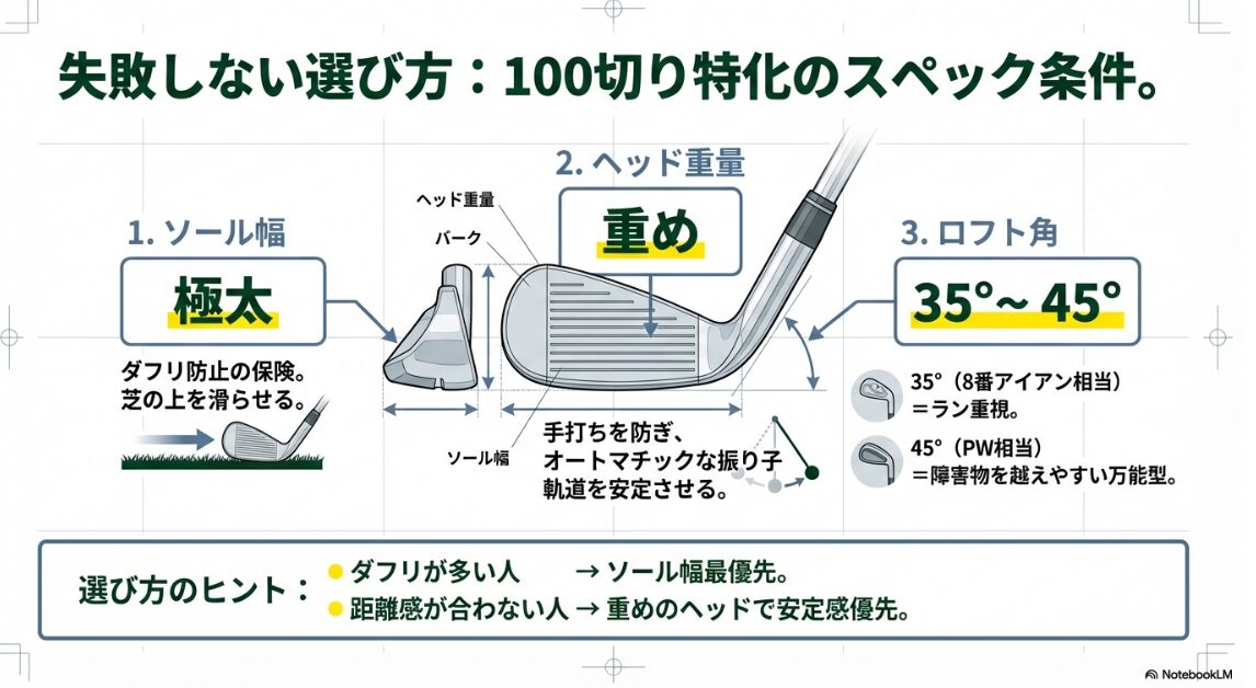 100切りを達成するためのチッパー選びの3条件（ソール幅、ヘッド重量、ロフト角）のスペック解説