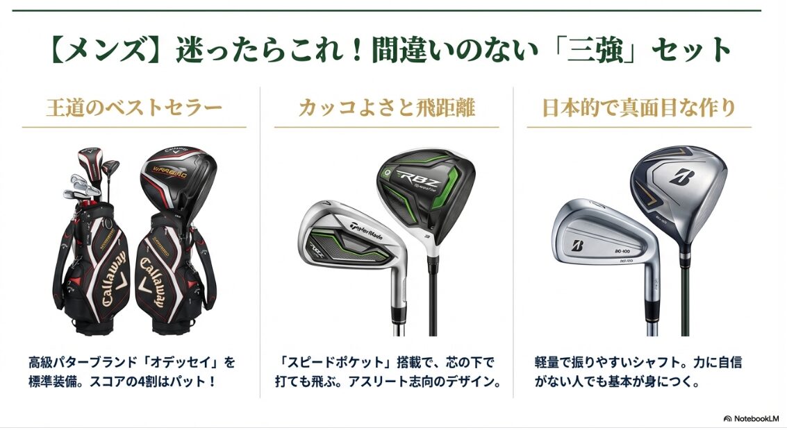 キャロウェイWARBIRD、テーラーメイドRBZ、ブリヂストン80-100のメンズ向けセット比較