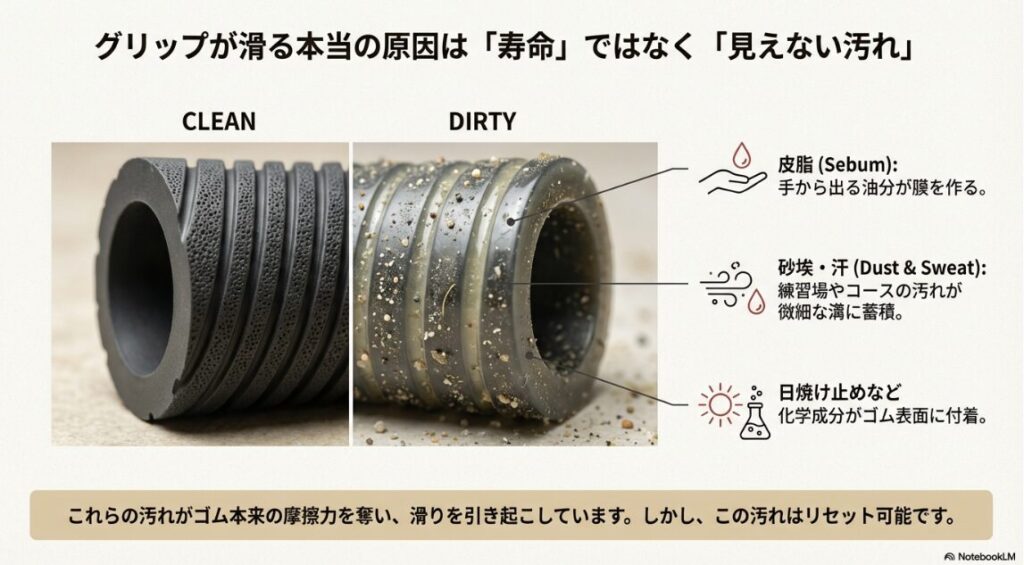 ゴルフグリップが滑る原因となる皮脂や汚れの蓄積を示す図解