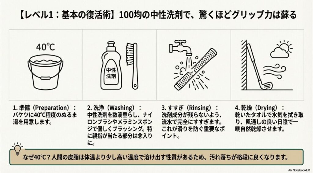 100均の中性洗剤とぬるま湯を使ったゴルフグリップの正しい洗浄手順