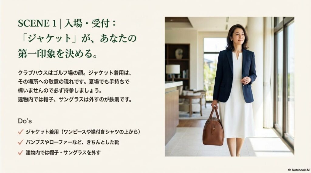 クラブハウス到着時に適したジャケットとワンピースの正装スタイル