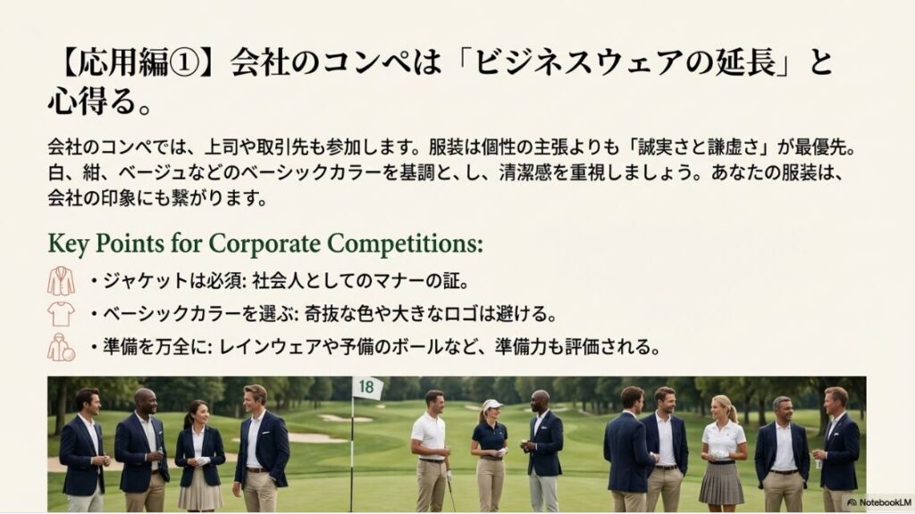 上司や取引先とのコンペに適した誠実なゴルフウェアスタイル