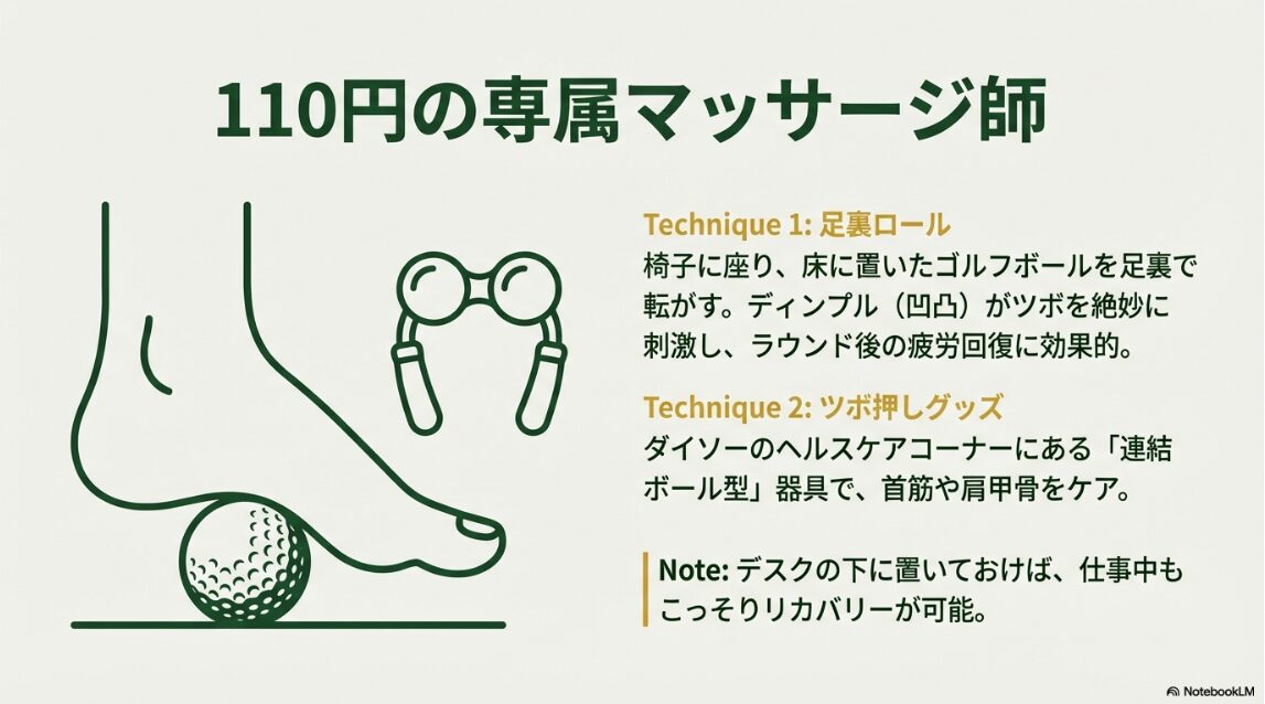 ゴルフボールを足裏で転がしてマッサージする様子とツボ押し器具のイラスト
