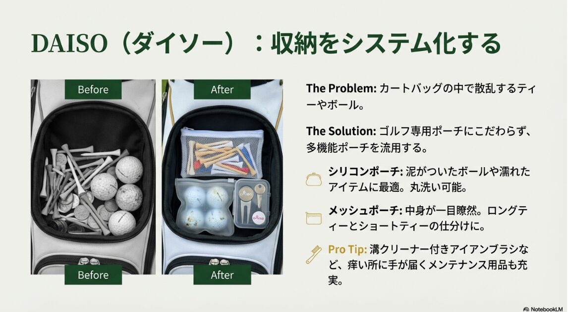カートバッグ内の小物をダイソーのポーチで整理整頓するBefore/After