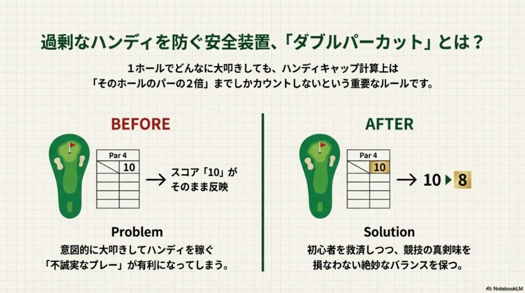 パー4で10打叩いても8打として計算するダブルパーカットの仕組み解説図